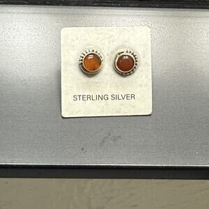 Santa Fe Sterling Silver Orange Cabochon Stud Earrings El Platero Artisan